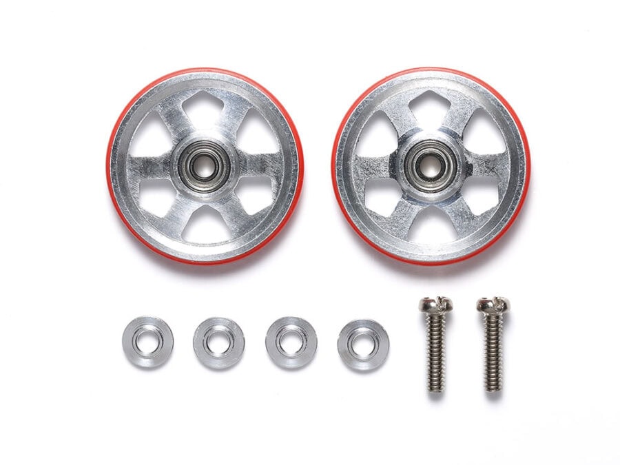 Tamiya 95513 19mm Aluminum Ball-Race Rollers (6 Spokes) w/Plastic Rings (Red)：圖片 1