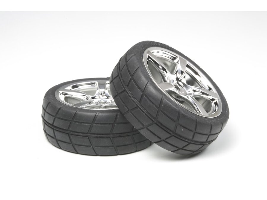 Tamiya 53955 5-Spoke Metal Plated Wheel w/Cemented Radial Tire 2pcs.(24mm Offset 0)：圖片 1