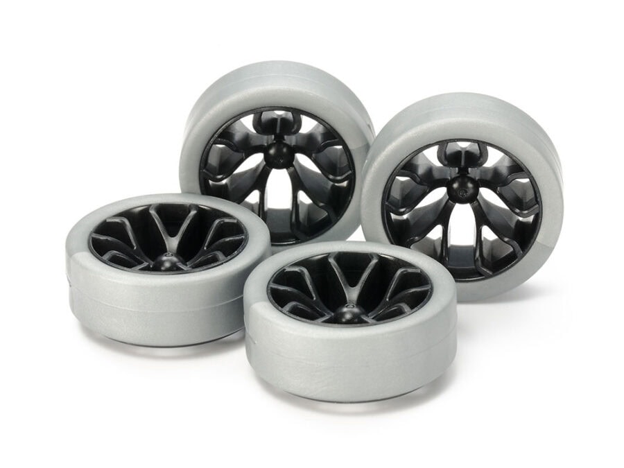 Tamiya 95412 1/32 Mini 4WD Hard Low-Profile Tire (Silver) & Carbon Wheel Set (Y Spoke)：圖片 1