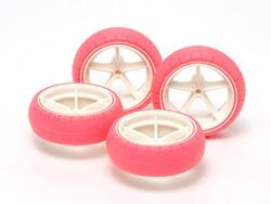Tamiya 95460 1/32 Mini 4WD Large Dia. Narrow Fiberglass Wheels & Arched Tires (Fluorescent Pink)：圖片 2