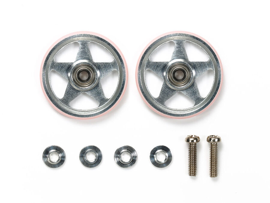 Tamiya 95438 1/32 Mini 4WD 19mm Aluminum Rollers (5 Spokes) w/Plastic Rings (Pink)：圖片 1