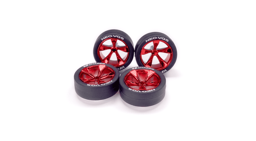 Tamiya 95592 Super Hard Low-Profile Tire & Red Plated 5-Spoke Wheel Set (NEO-VQS)：圖片 1