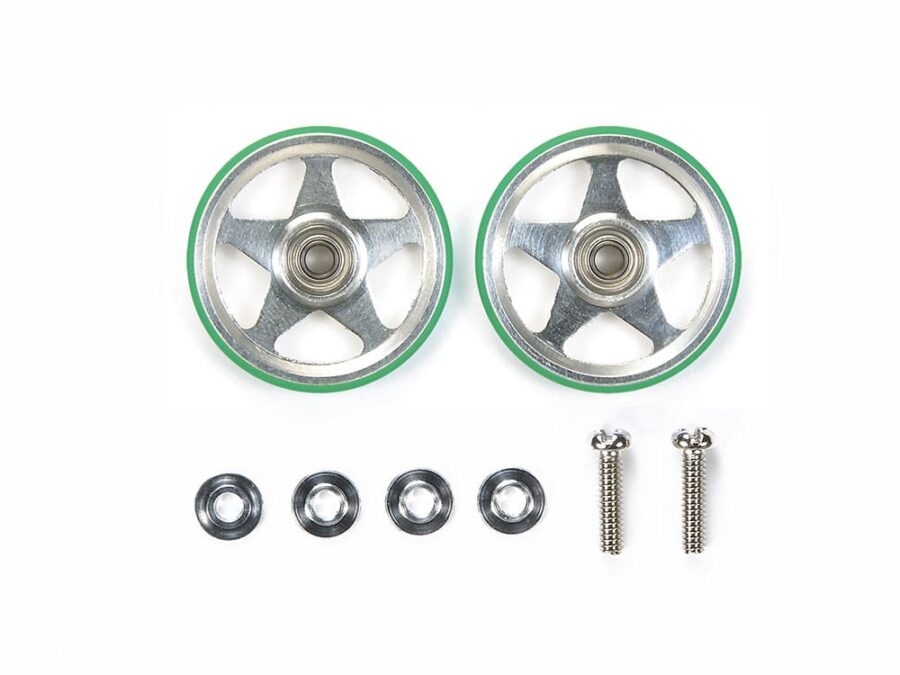 Tamiya 95493 19mm Aluminum Rollers (5 Spokes) w/Plastic Rings (Green)：圖片 1