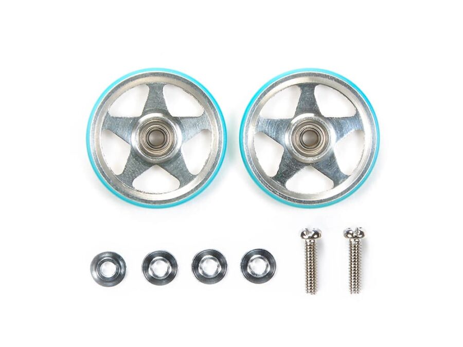 Tamiya 95397 19mm Aluminum Rollers (5 Spokes) w/Plastic Rings (Light Blue)：圖片 1