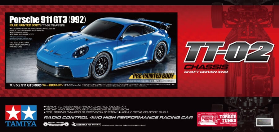 Tamiya 47496 1/10 RC Porsche 911 GT3 (992) (Blue Painted Body) (TT-02 Chassis)：圖片 2
