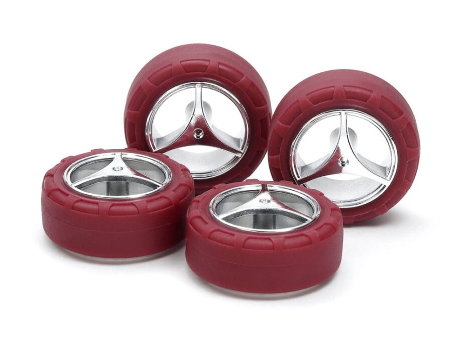Tamiya 95649 Low Friction Small Dia. Narrow Tires (24mm) & Silver Plated 3-Spoke Wheels (For Super X & XX Chassis)：圖片 1