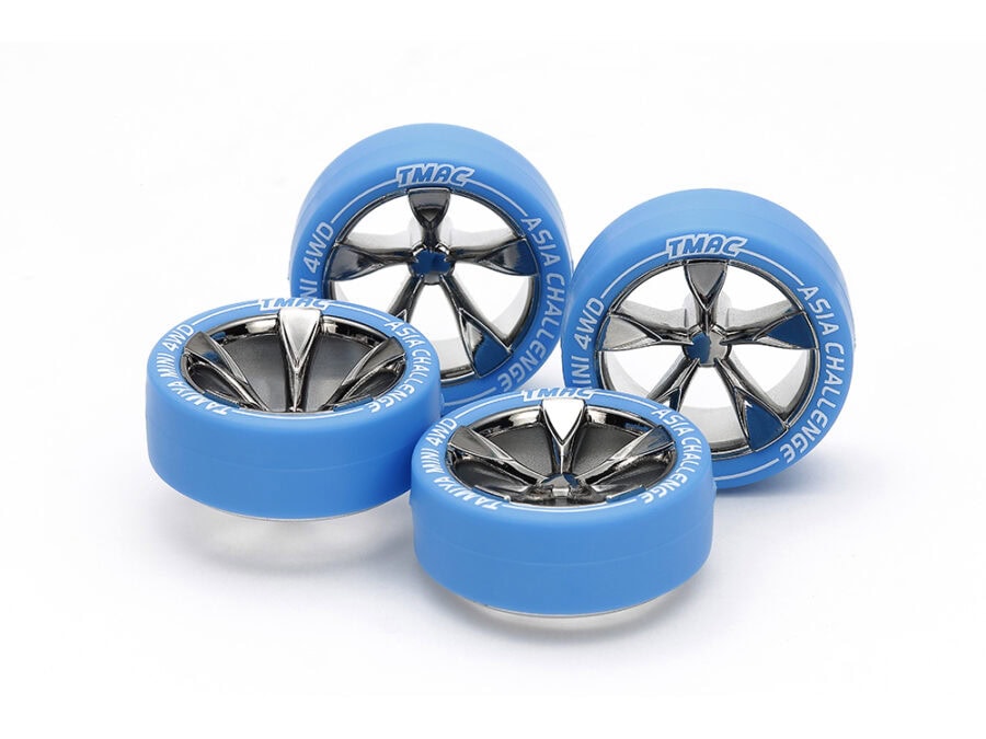 Tamiya 95654 Small Dia. Low-Profile Tire & Black Plated 5-Spoke Wheel Set (Asia Challenge)：圖片 1