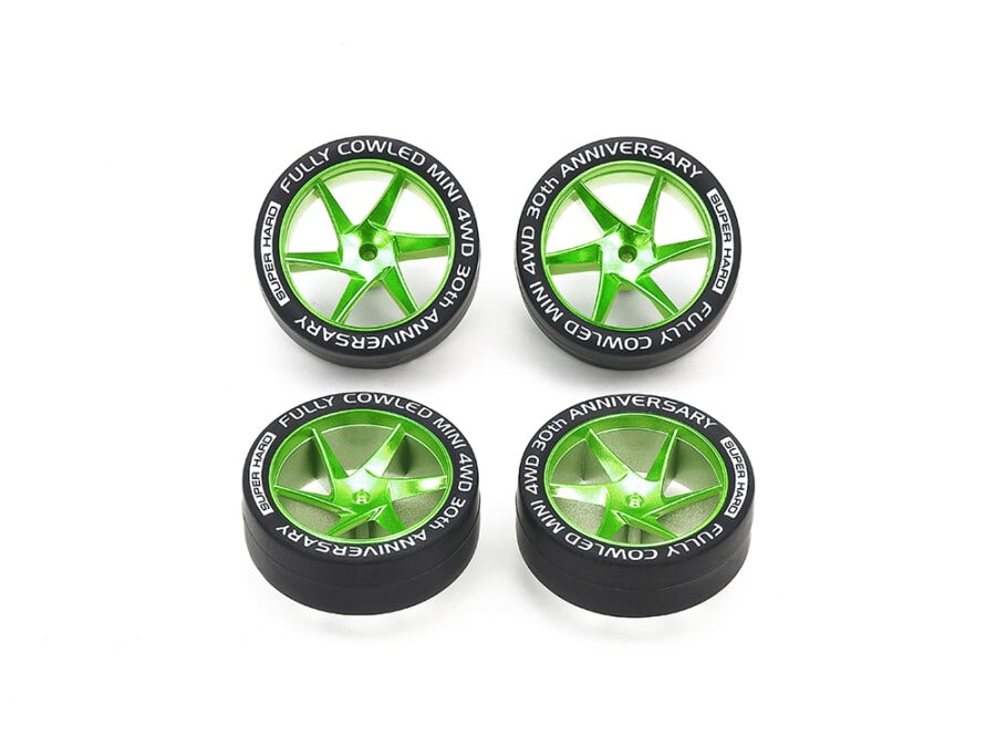 Tamiya 95666 Fully Cowled 30th Anniv. Super Hard Low Profile Tires & Matte Green Plated Wheels：圖片 1