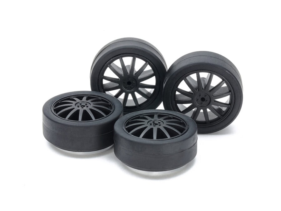Tamiya 15534 Small Dia. Low Friction Low-Profile Tires (26mm) & Carbon Wheels (Fin)：圖片 1