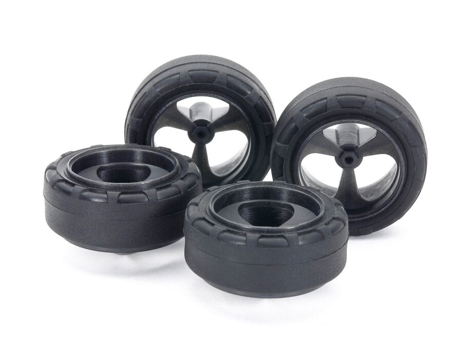Tamiya 15541 Small Dia. Low Friction Narrow Tires (24mm) & Carbon Wheels (3-Spoke)：圖片 1
