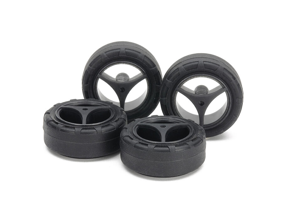 Tamiya 15543 Super Hard Small Dia. Narrow Tires (24mm) & Carbon Wheels (3-Spoke, for Super X & XX Chassis)：圖片 1