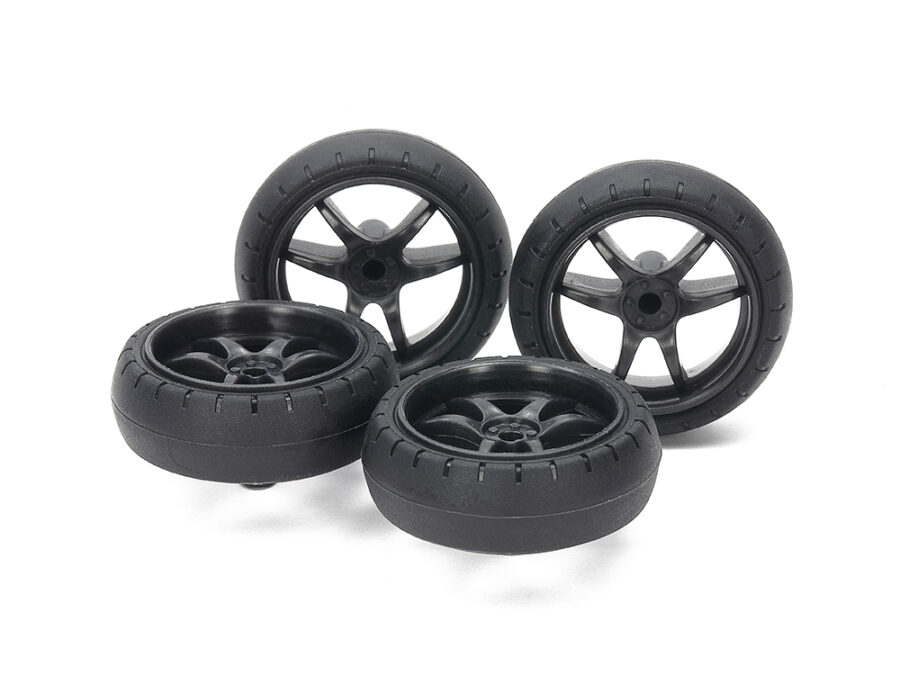 Tamiya 15546 Large Dia. Low Friction Arched Tires (31mm) & Carbon Wheels (V Spoke)：圖片 1
