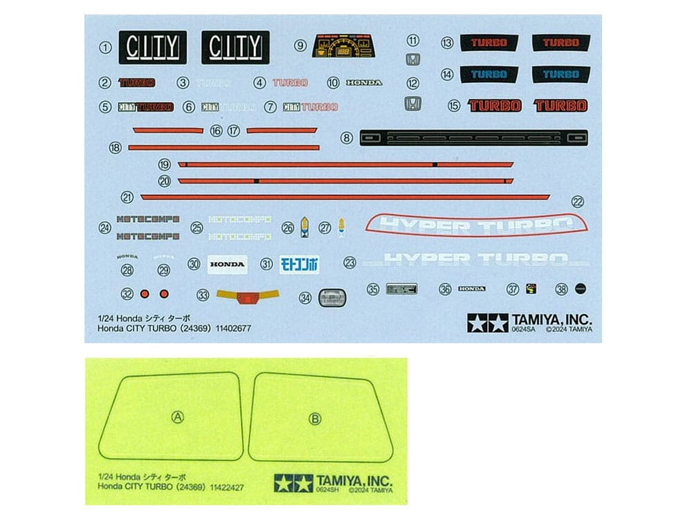 The car name logo, Honda emblem, and meter panel are set with slide marks. Mask stickers for painting the quarter windows are also included.