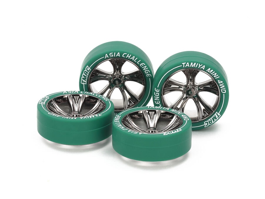 Tamiya 95686 Small Dia. Low-Profile Tire & Black Plated A-Spoke Wheel Set (Asia Challenge)：圖片 1